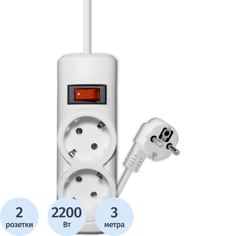 Изображение товара Сетевой фильтр Progix PG231 2 розетки 3 метра заземление белый