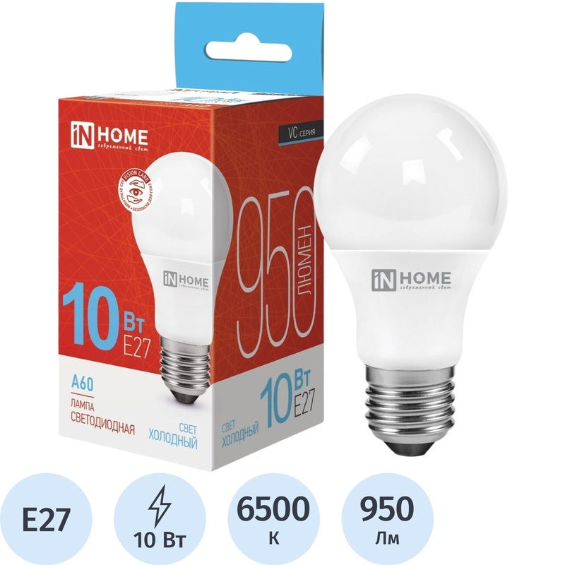 Изображение товара Лампа светодиодная In Home 10 Вт E27 A 6500 К 950 Лм матовая (4690612020228)