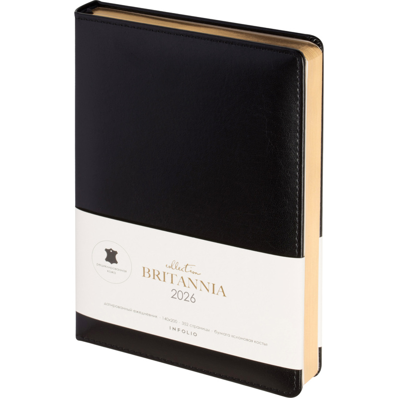 Изображение товара Ежедневник датированный 2026 год InFolio Britannia натуральная кожа А5 176 листов чёрный (золотистый обрез), I1710/black