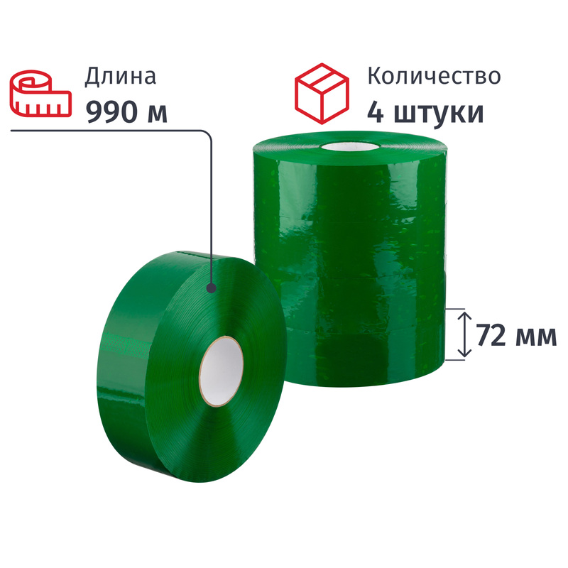 Изображение товара Клейкая лента упаковочная 72 мм x 990 м x 45 мкм зелёная (4 штуки в упаковке)
