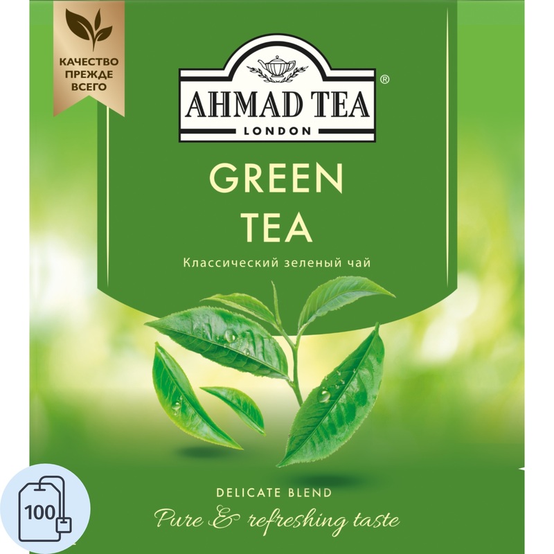 Изображение товара Зеленый чай Ahmad Green Tea 100 пакетиков, высокое качество Россия