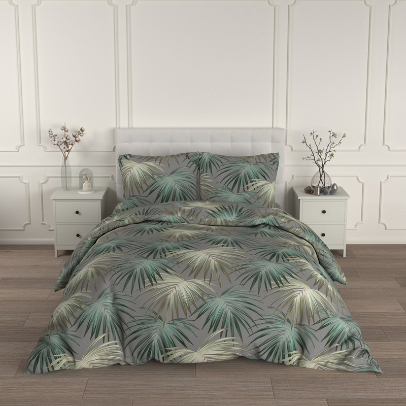 Изображение товара Постельное белье Для Snoff Пальма евро сатин 215x240 см 2 наволочки 70x70 см серо-зелёное