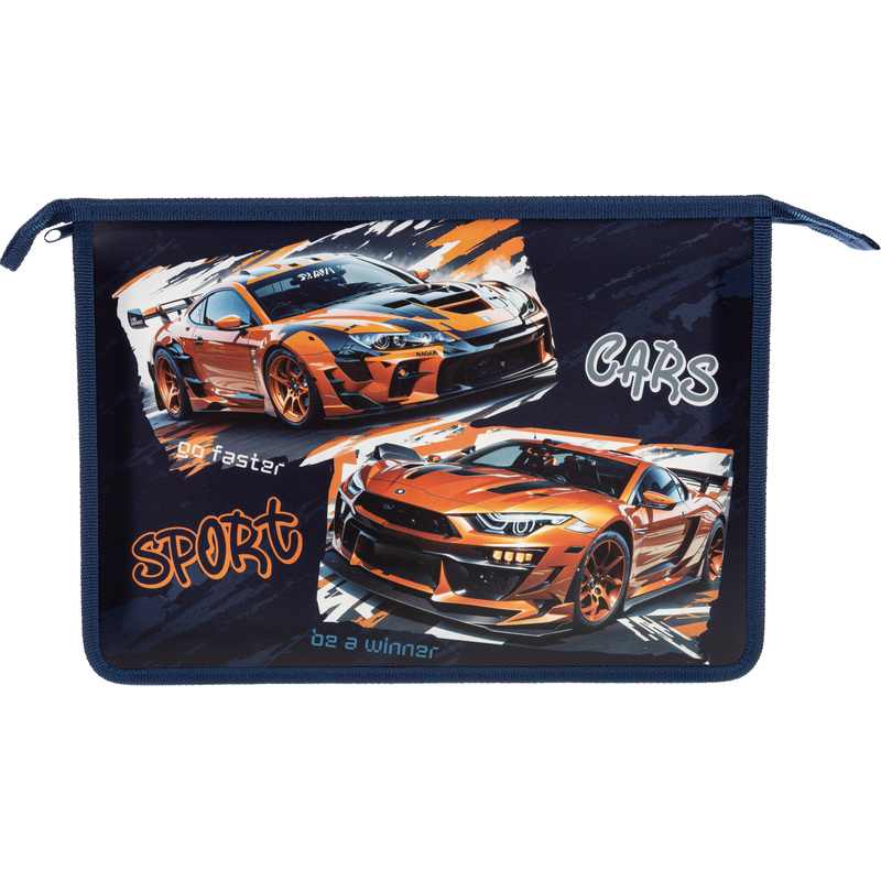 Изображение товара Папка для тетрадей А4 с молнией Оникс Спорткары синий для мальчика