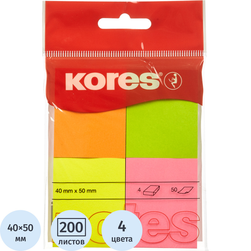 Изображение товара Качественные неоновые стикеры Kores 40x50 мм 4 цвета 4 блока по 50 листов
