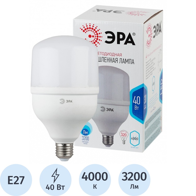 Изображение товара Светодиодная лампа Эра T120-40W-4000-E27 нейтральный белый, 3200 Лм