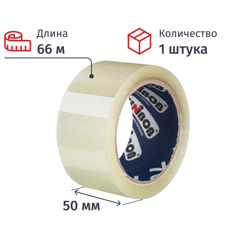 Изображение товара Упаковочная клейкая лента Unibob 50 мм x 66 м, 47 мкм, прозрачная