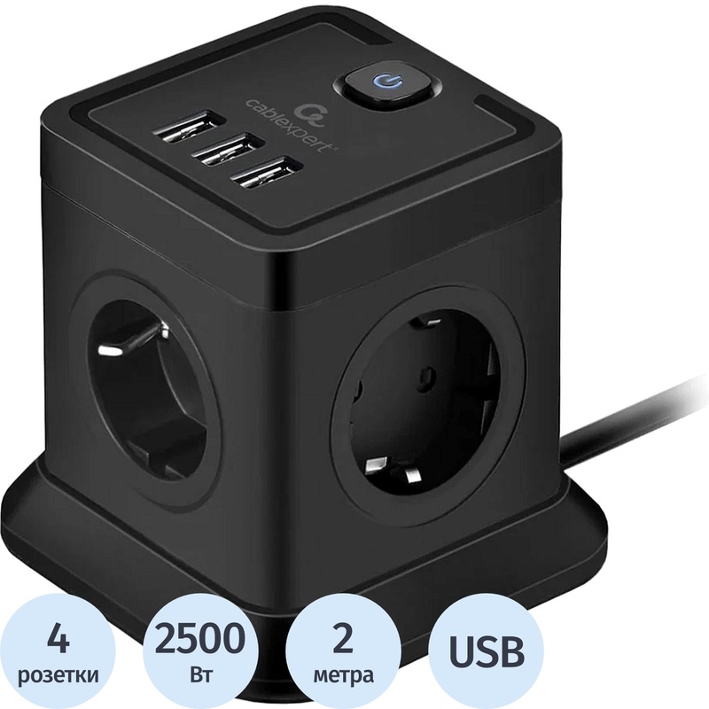 Изображение товара Сетевой фильтр Cablexpert Tower на 4 розетки и 3 USB