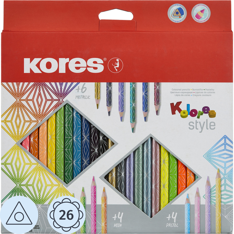 Изображение товара Карандаши цветные Kores Kolores Style 26 карандашей 26 цветов трёхгранные (металлические, неоновые, пастельные)