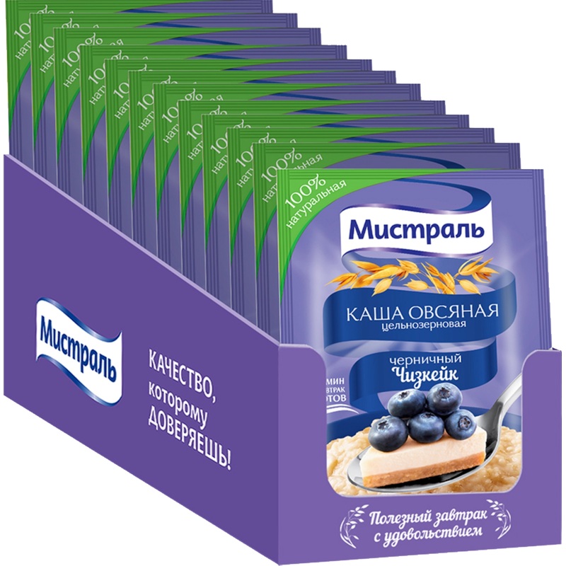 Изображение товара Каша Мистраль овсяная Черничный Чизкейк 40 г (25 штук в упаковке)