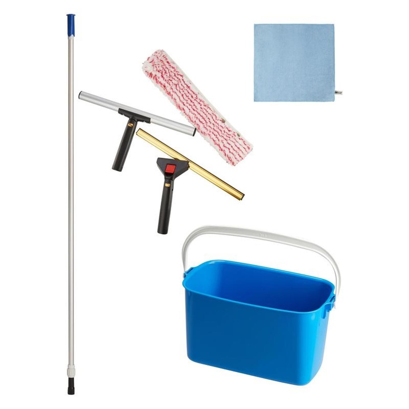 Изображение товара Уценка. Комплект для мытья окон Syr Windows (ведро, держатель с шубкой из микрофибры 40 см, сгон (склиз) 35 см, штанга, салфетка 40x40 см)