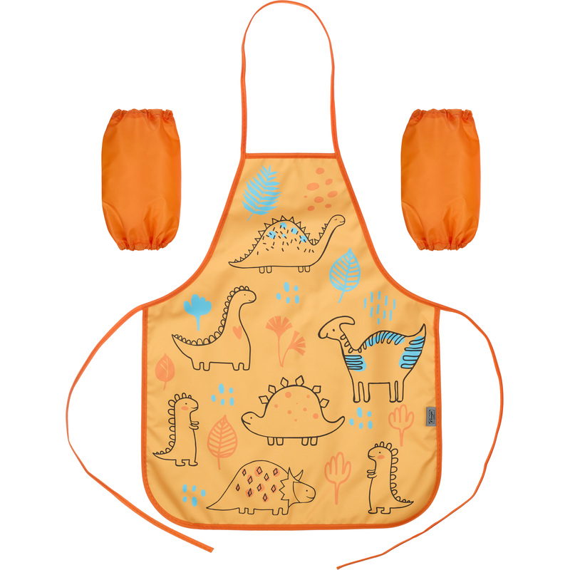 Изображение товара Фартук для труда Комус Класс Динозаврики оранжевый с нарукавниками