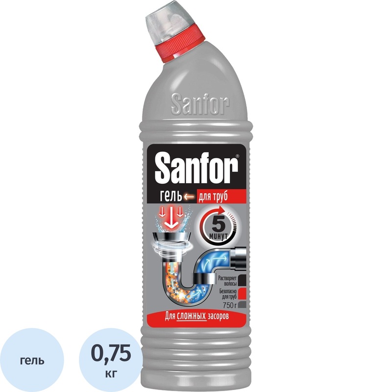 Изображение товара Средство для прочистки труб Sanfor гель 750 г против засоров и запахов для пластиковых и металличес