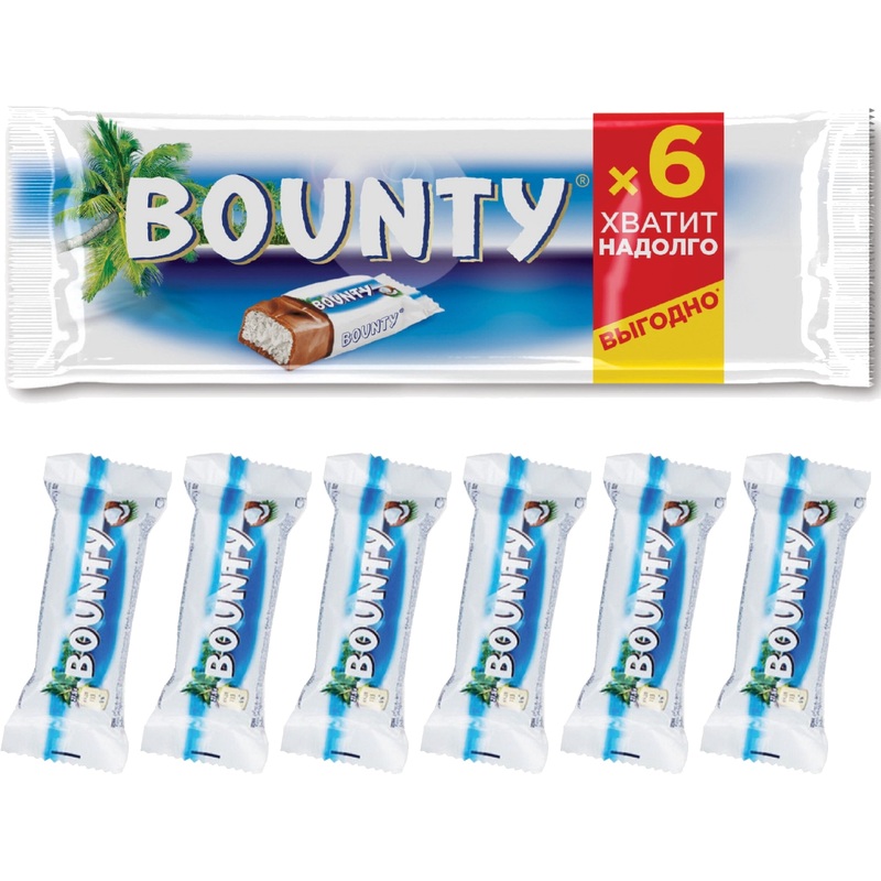 Изображение товара Шоколадный батончик Bounty с кокосом (6 штук по 27.5 г)