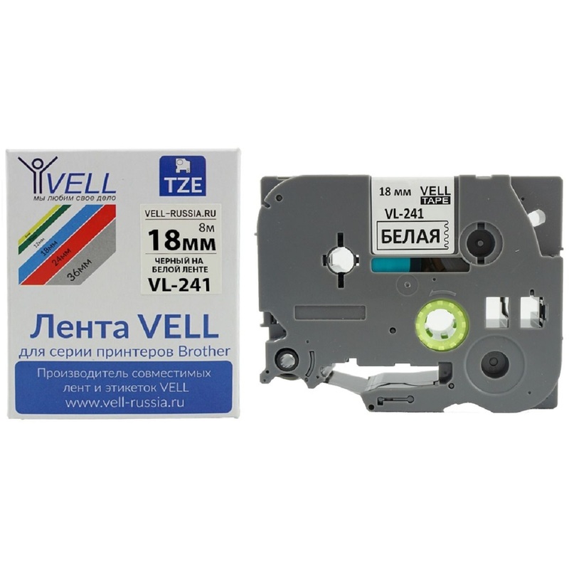 Изображение товара Картридж Vell VL-241 для принтера этикеток Brother 8м белый черный шрифт