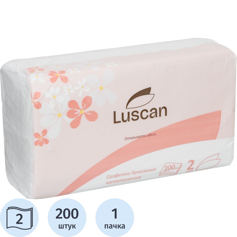 Изображение товара Косметические двухслойные салфетки Luscan, 200 штук, Россия