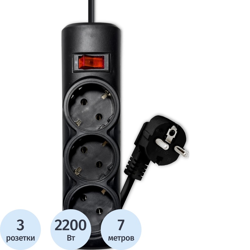Изображение товара Сетевой фильтр Progix PG338 на 3 розетки, 7 метров, заземление, защита