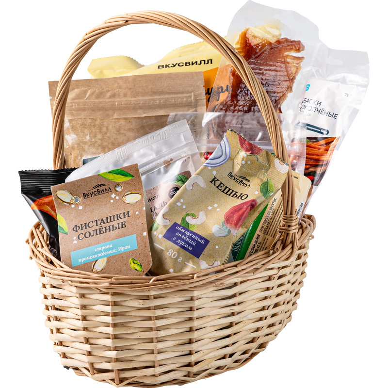 Изображение товара Подарочный набор закусок к пиву 1.9 кг стильная корзина ассорти