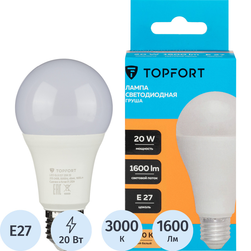 Изображение товара Светодиодная лампа TOPFORT 20 Вт E27 3000К 1600Лм матовая для дома и офиса