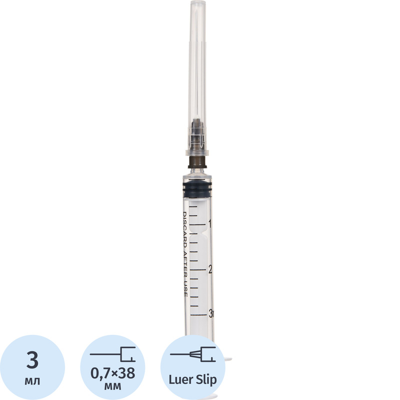 Изображение товара Шприц трёхкомпонентный Джинлонг 3 мл 22G 0.7x38 мм 100 шт медицинский стерильный