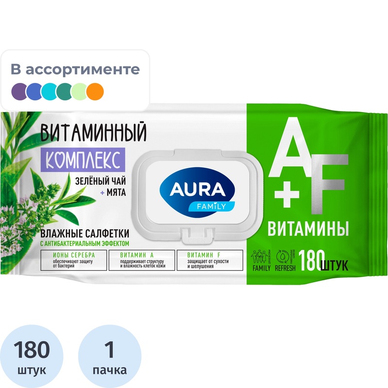Изображение товара Антибактериальные влажные салфетки Aura Family с жёстким клапаном 180 листов