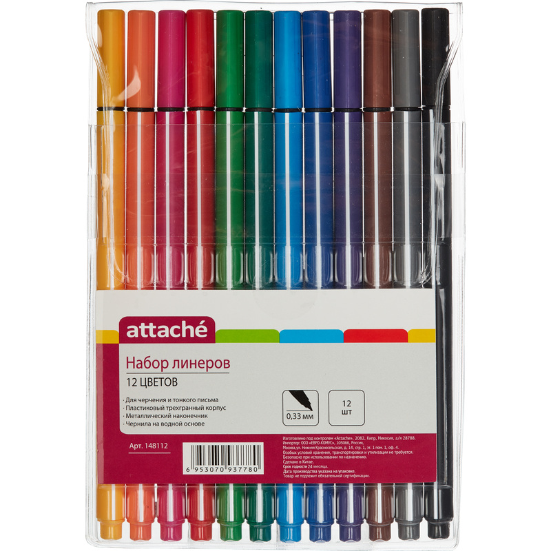 Изображение товара Набор линеров Attache Rainbow 12 цветов с толщиной линии 0.33 мм