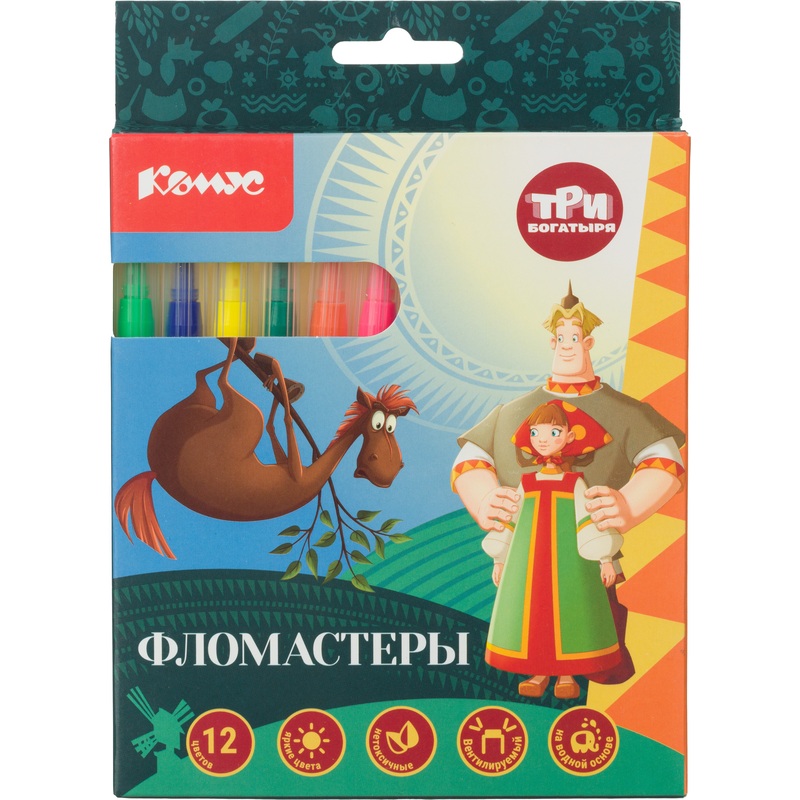 Изображение товара Фломастеры Комус Три Богатыря 12 цветов с вентилируемыми колпачками
