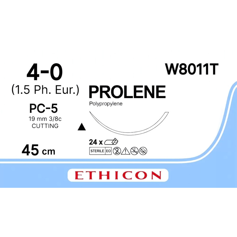 Изображение товара Шовный материал Пролен 4/0 45 см режущая игла 19 мм 3/8 W8011Т (24 штуки в упаковке)