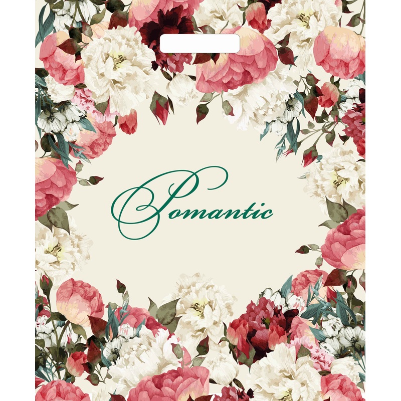 Изображение товара Пакет полиэтиленовый с вырубной ручкой Благородные цветы бело-красный 45x38 см, 50 шт