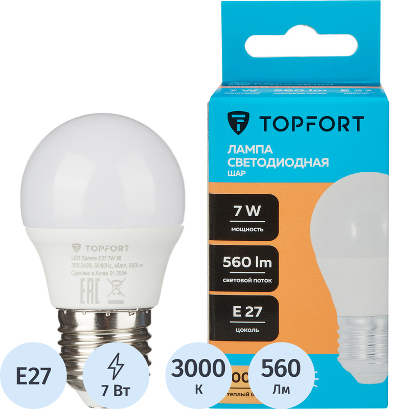 Изображение товара Светодиодная лампа TOPFORT 7 Вт E27 3000 К 560 Лм матовая