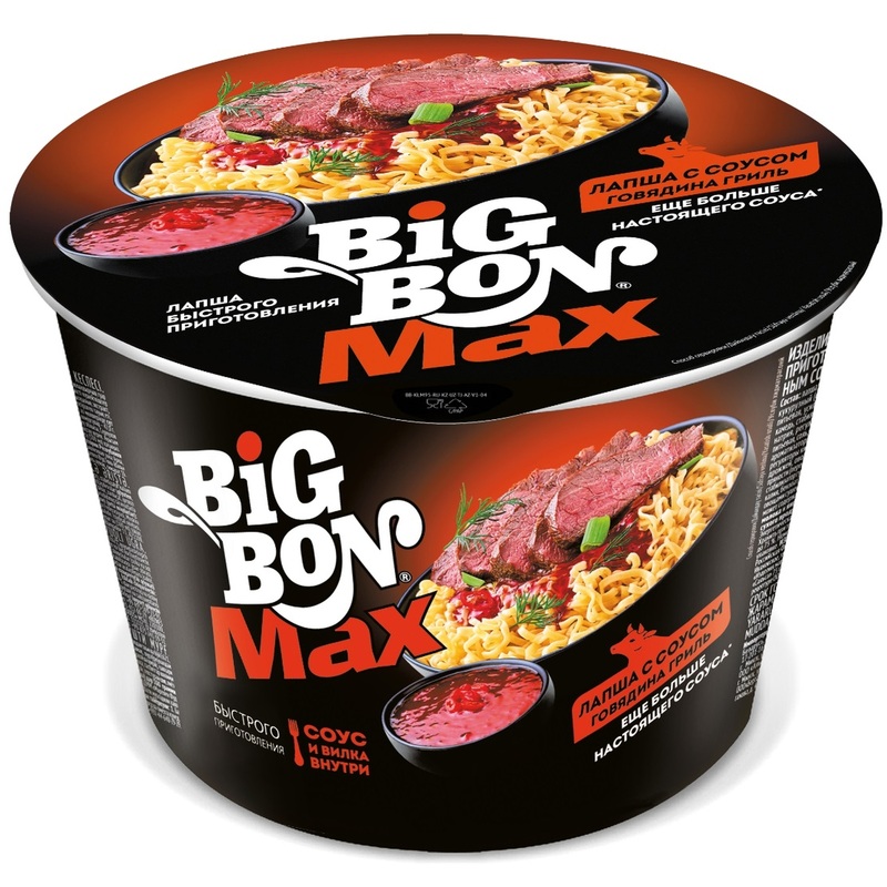 Изображение товара Лапша Биг Бон с соусом говядина гриль 95 г 24 шт. доставка быстро вкусно