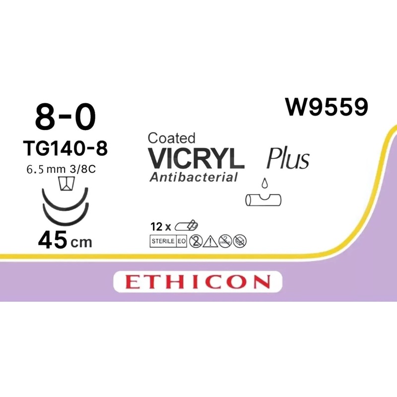 Изображение товара Шовный материал Vicryl 8/0 45см микропоинт шпательная игла 6,5мм 12 шт.