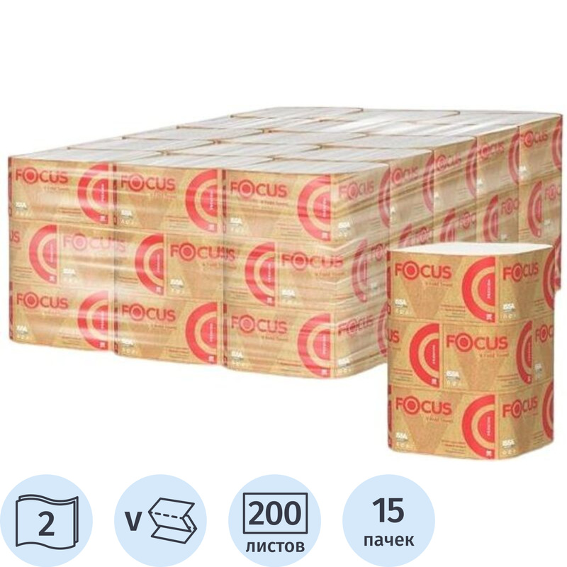 Изображение товара Полотенца бумажные листовые Focus H3 V-сложение (ZZ) 2-слойные белые 15 пачек по 200 листов (5083740)