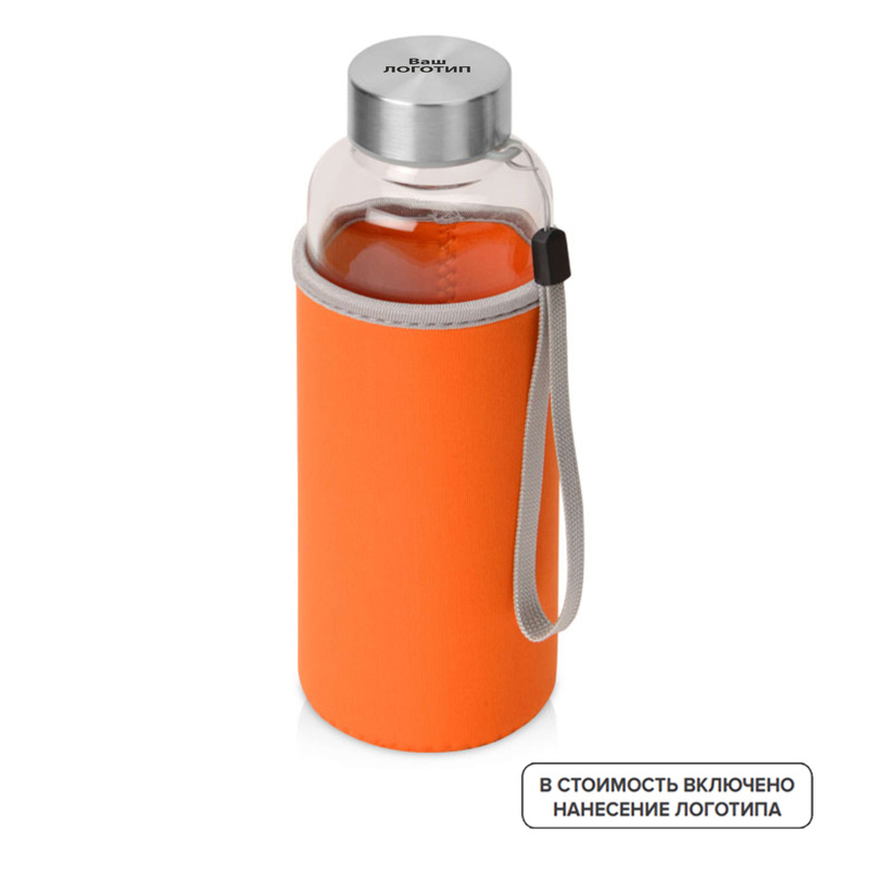 Изображение товара Бутылка Pure стеклянная в оранжевом чехле 420 мл с индивидуальной гравировкой (25 штук в упаковке)