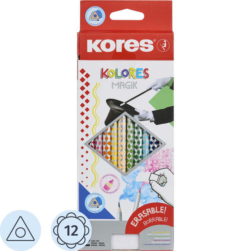 Изображение товара Карандаши цветные Kores Kolores Magik 12 карандашей 12 цветов трёхгранные стираемые