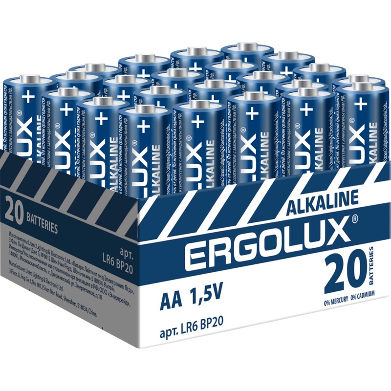 Изображение товара Батарейки AA пальчиковые Ergolux 20 штук - надежные щелочные аккумуляторы для бытовых устройств