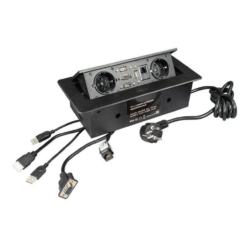 Изображение товара Блок розеток выдвижной горизонт 2 EURO 2xUSB черный