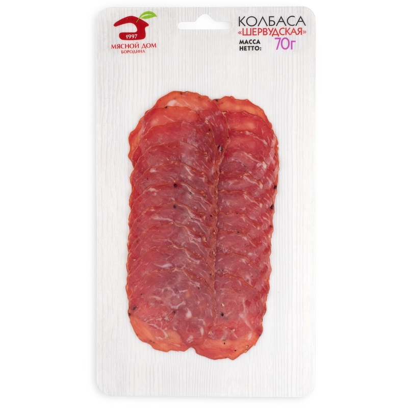 Изображение товара Сырокопченая колбаса Шервудская 70 г Мясной дом Бородина нарезка Россия