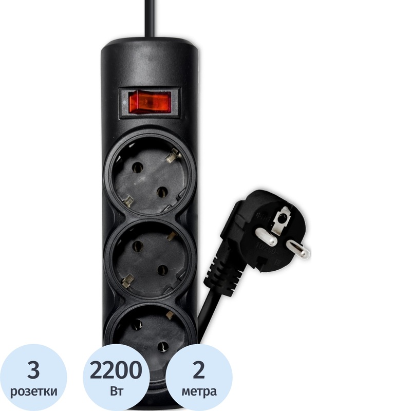 Изображение товара Сетевой фильтр Progix PG335 с 3 розетками и заземлением 2м чёрный