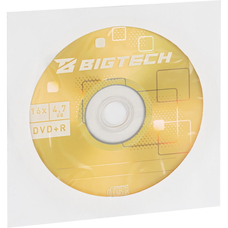 Изображение товара Диск DVD+R BigTech 4.7 ГБ 16x конверт YDVDRB010