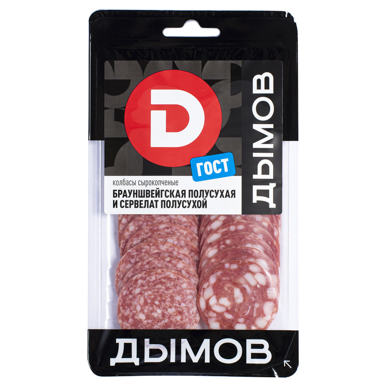 Изображение товара Колбаса Дымов ассорти Брауншвейгская/Сервелат сырокопченая нарезка 90 г