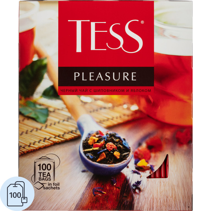 Изображение товара Чай черный Tess Pleasure 100 пакетиков с фруктовыми добавками, Россия