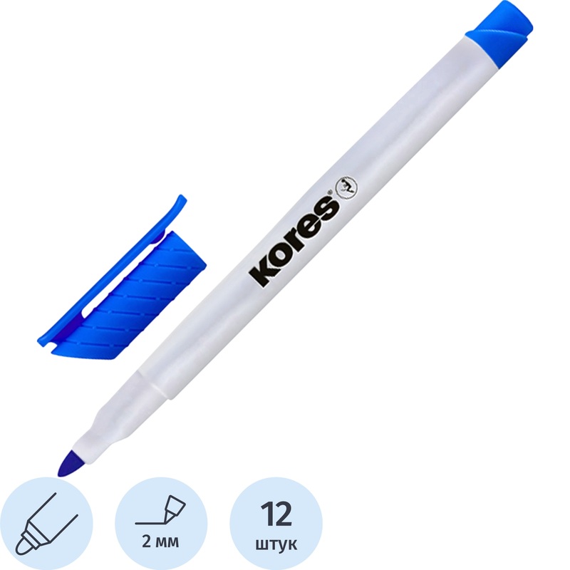 Изображение товара Круглый маркер для белых досок Kores синий 2 мм 12 шт