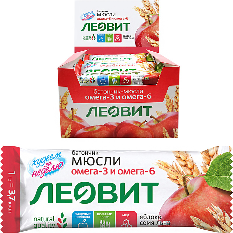 Изображение товара Батончик мюсли Леовит с яблоком и семенами льна 26 шт по 30 г