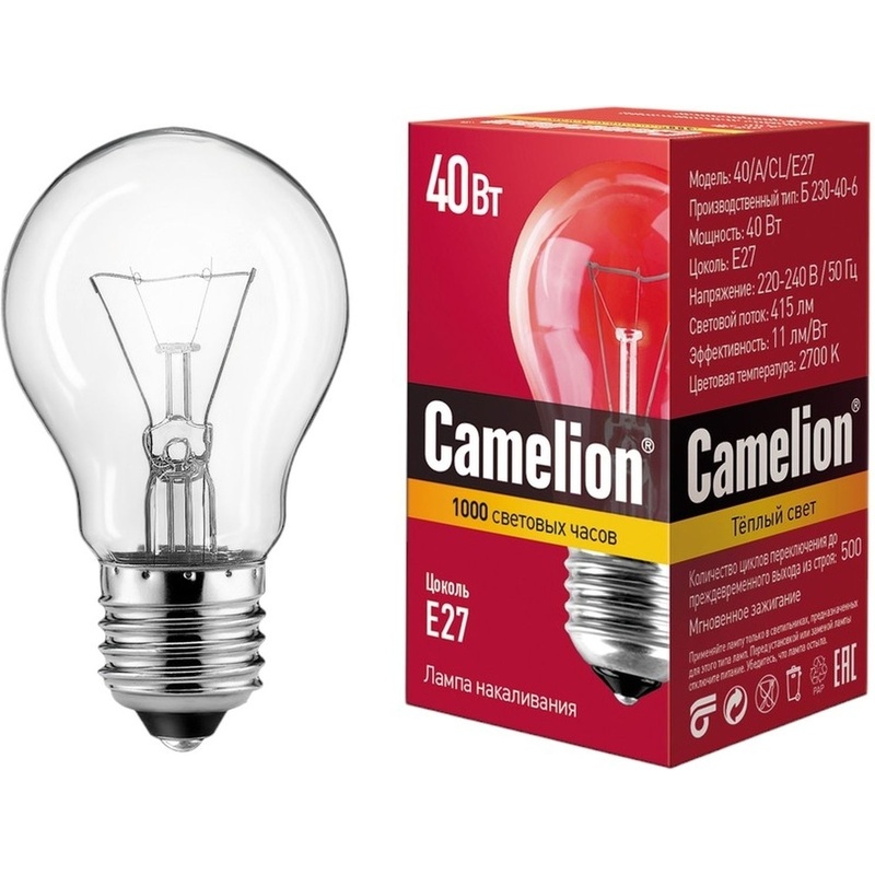 Изображение товара Лампа накаливания Camelion 40 Вт E27 2700К 415Лм грушевидная