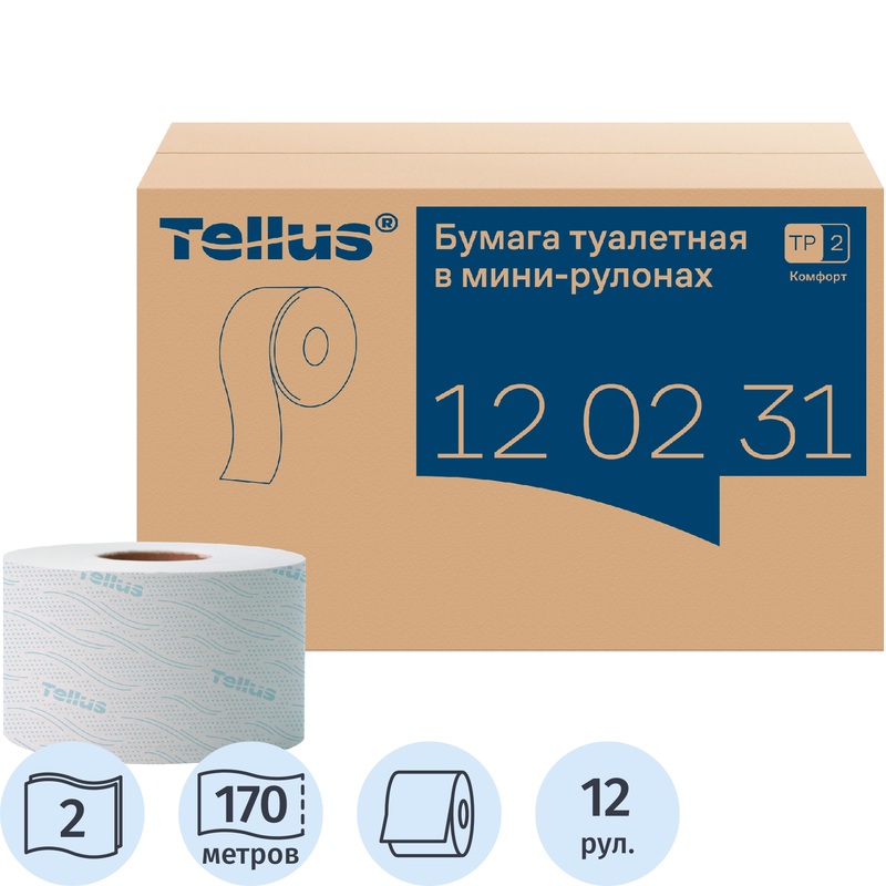 Изображение товара Бумага туалетная рулонная Tellus Advanced T2 2-слойная 12 рулонов по 170 метров