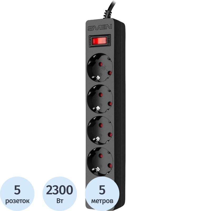 Изображение товара Сетевой фильтр Sven SF-05E на 5 розеток и 5 метров шнура