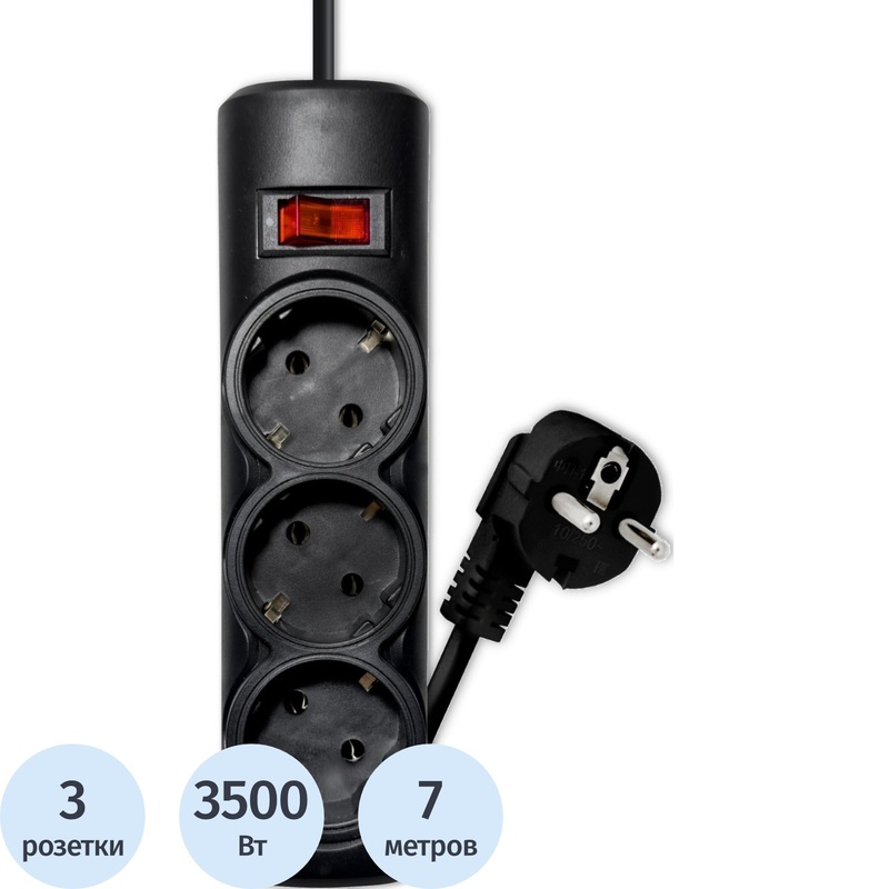 Изображение товара Прогикс PG348 Сетевой фильтр на 3 розетки 7 м заземление выключатель чёрный