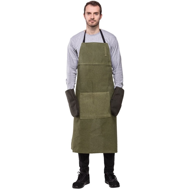 Изображение товара Брезентовый рабочий фартук хаки с нагрудником, 104 см, водоотталкивающий