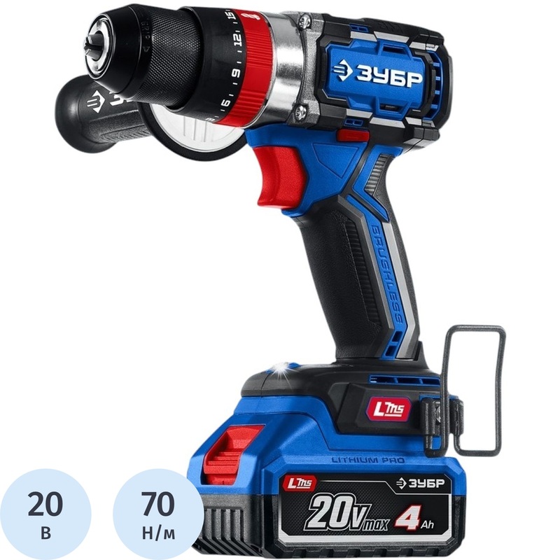 Изображение товара Дрель-шуруповёрт ударная аккумуляторная Зубр бесщёточная 20 В 4 Ач (+2 АКБ) в кейсе