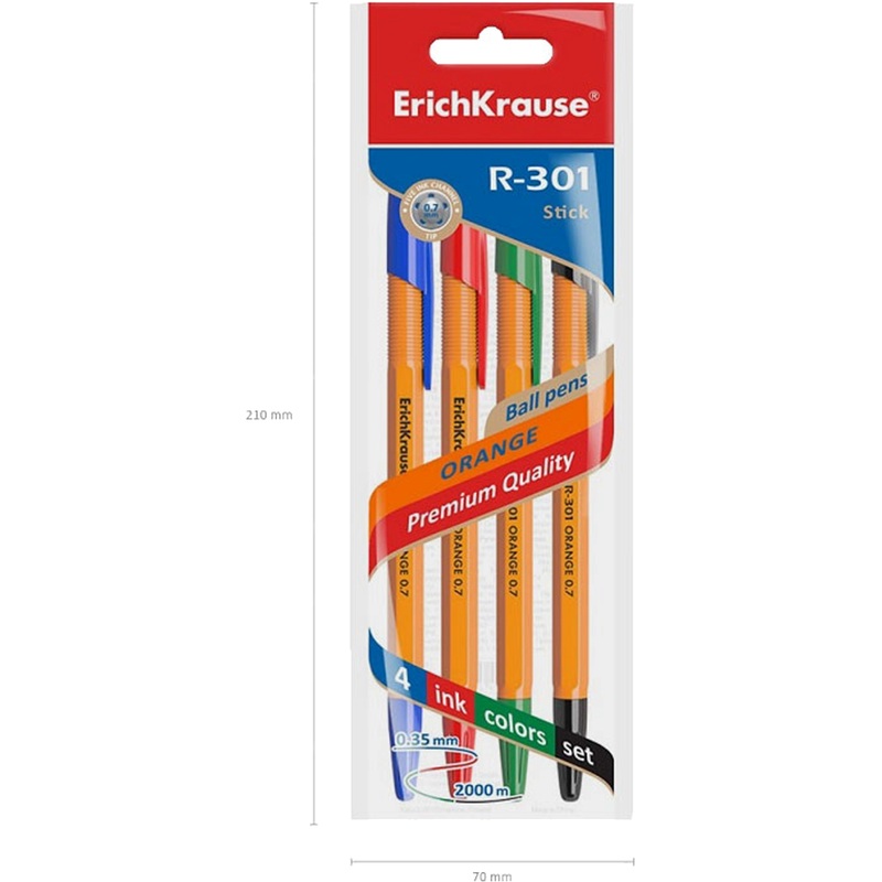 Изображение товара Набор шариковых ручек Erich Krause R-301 Orange Stick 4 цвета (толщина линии 0.35 мм, 44594)